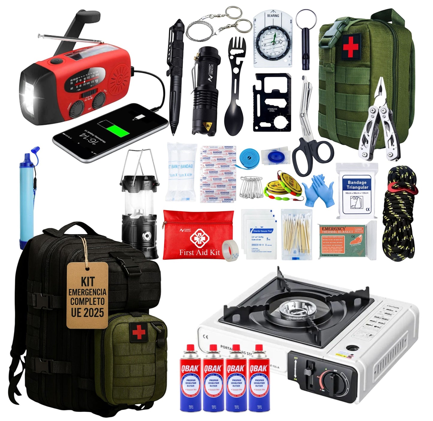 Kit de Supervivencia Completo UE 2025, Mochila Supervivencia 72 Horas Equipada con Camping Gas Portatil, Kit Supervivencia Catastrofe, Botiquín Táctico con Radio Sola, Alicates, Tijeras y Silbato