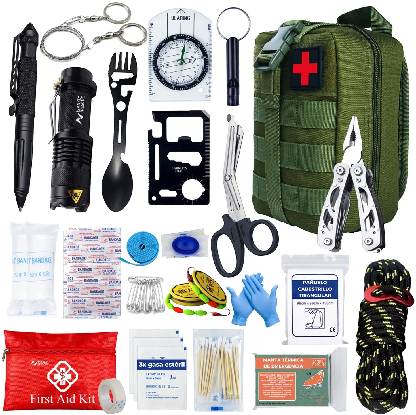 Kit Supervivencia UE 2025 Guardian - (Compacto) con Mochila Botiquín y Linterna, Manta Térmica Supervivencia, Cuchillo Supervivencia Militar Profesional más Hacha, Tiritas, Vendas, Silbato y Brújula