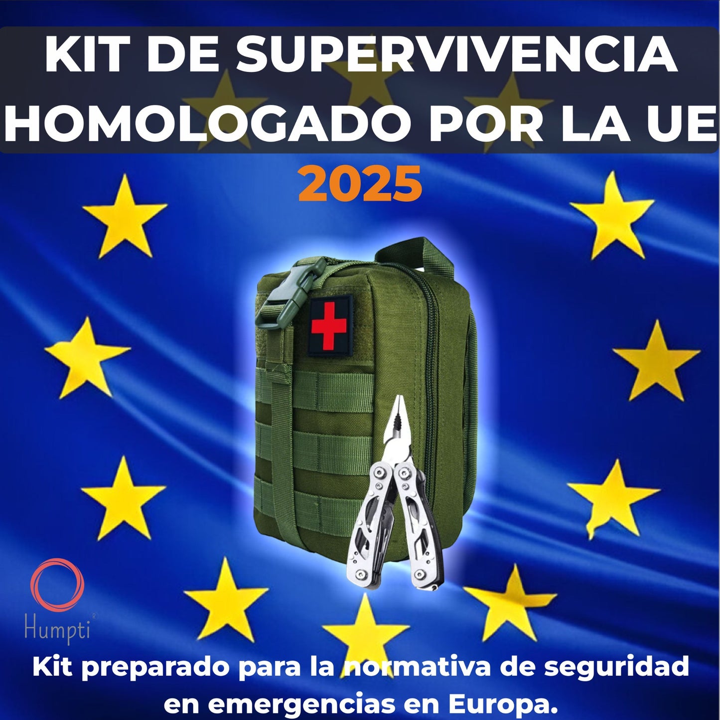 Kit Supervivencia UE 2025 Guardian - (Compacto) con Mochila Botiquín y Linterna, Manta Térmica Supervivencia, Cuchillo Supervivencia Militar Profesional más Hacha, Tiritas, Vendas, Silbato y Brújula