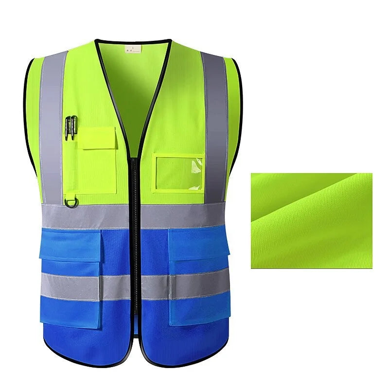 Unisex Summer Safety Vest Security Sleeveless Construction Workwear Zipper With Multi-Pockets For Running Cycling Work