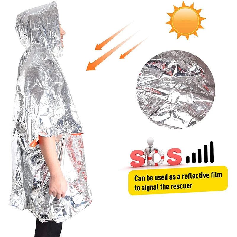 Emergency Survival Rain Hot Poncho Thermal Survival Space Blanket Thermal Raincoat Heat Reflective Waterproof for Camping Hiking