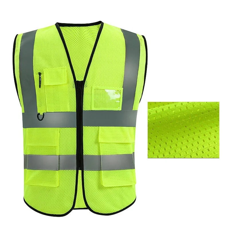 Unisex Summer Safety Vest Security Sleeveless Construction Workwear Zipper With Multi-Pockets For Running Cycling Work