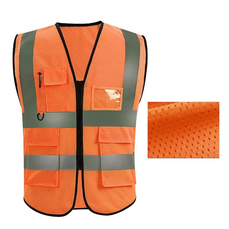 Unisex Summer Safety Vest Security Sleeveless Construction Workwear Zipper With Multi-Pockets For Running Cycling Work