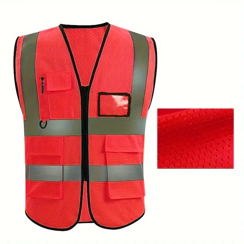 Unisex Summer Safety Vest Security Sleeveless Construction Workwear Zipper With Multi-Pockets For Running Cycling Work