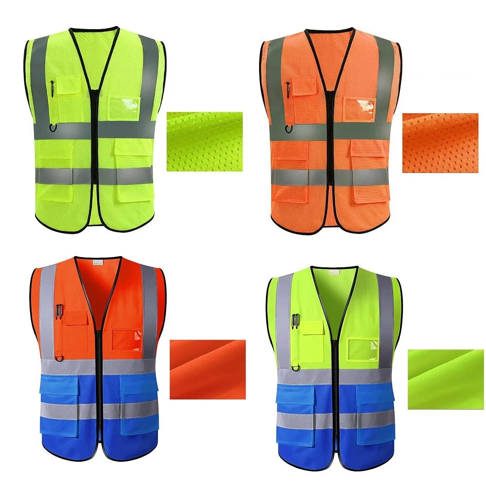 Unisex Summer Safety Vest Security Sleeveless Construction Workwear Zipper With Multi-Pockets For Running Cycling Work