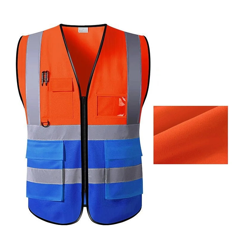 Unisex Summer Safety Vest Security Sleeveless Construction Workwear Zipper With Multi-Pockets For Running Cycling Work