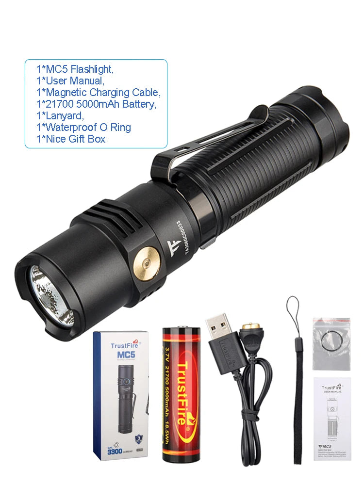 Trustfire MC5 High Power Led Flashlights 3300 Lumens Rechargeable Edc Magnetic Charging Use 21700 Battery Power Indicator Torchs