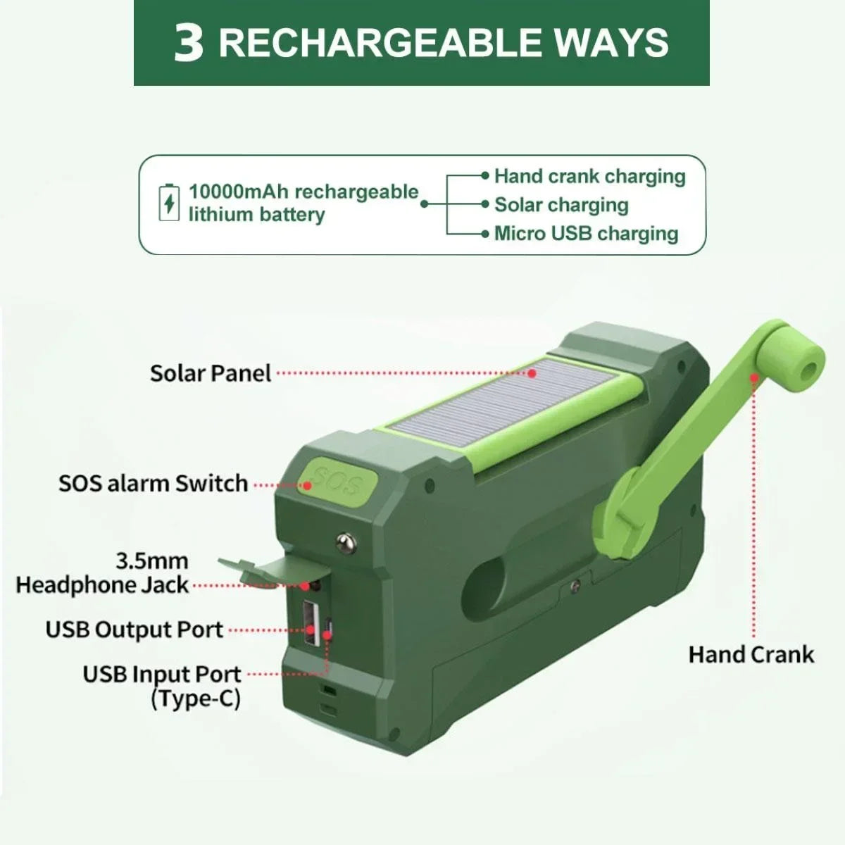 Radio de Emergencia Humpti 10 000 mAh – Solar, Dinamo y Power Bank (AM/FM/NOAA)