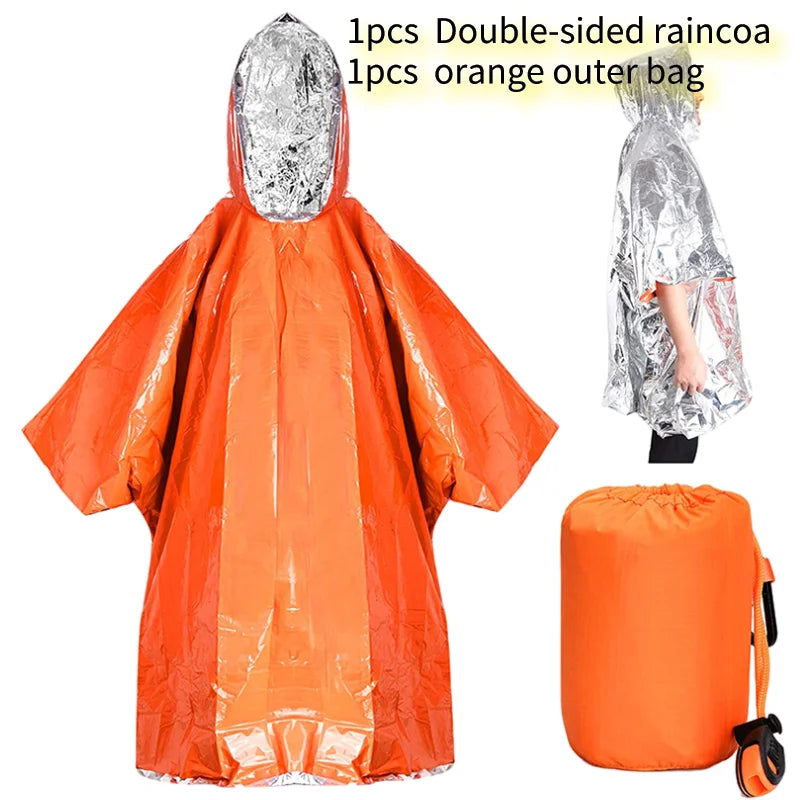Emergency Survival Rain Hot Poncho Thermal Survival Space Blanket Thermal Raincoat Heat Reflective Waterproof for Camping Hiking