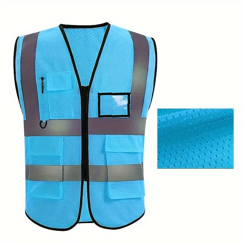 Unisex Summer Safety Vest Security Sleeveless Construction Workwear Zipper With Multi-Pockets For Running Cycling Work