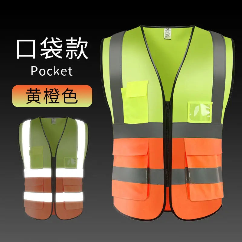 Unisex Summer Safety Vest Security Sleeveless Construction Workwear Zipper With Multi-Pockets For Running Cycling Work