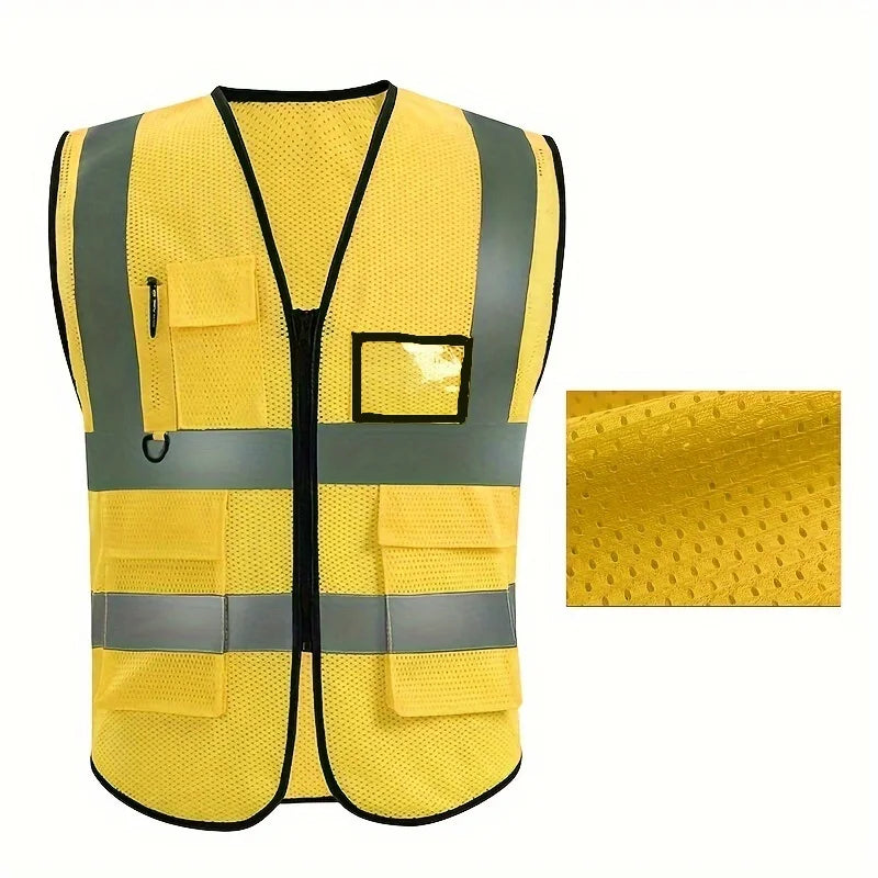 Unisex Summer Safety Vest Security Sleeveless Construction Workwear Zipper With Multi-Pockets For Running Cycling Work