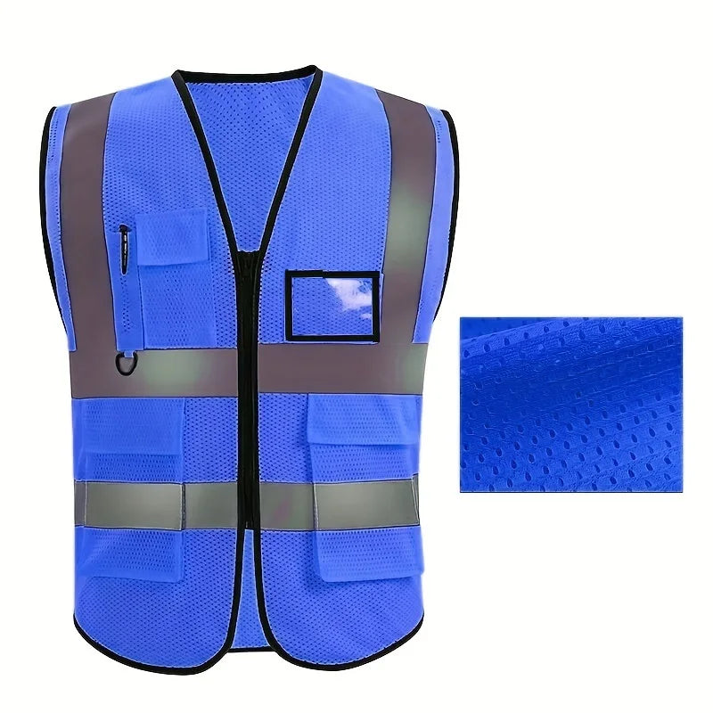 Unisex Summer Safety Vest Security Sleeveless Construction Workwear Zipper With Multi-Pockets For Running Cycling Work