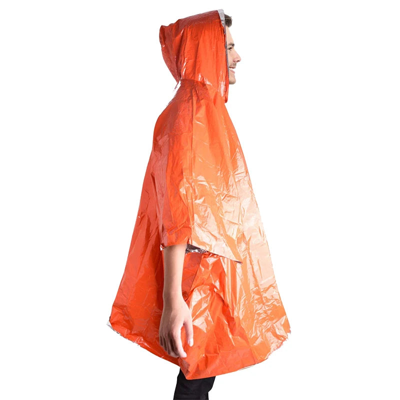 Emergency Survival Rain Hot Poncho Thermal Survival Space Blanket Thermal Raincoat Heat Reflective Waterproof for Camping Hiking