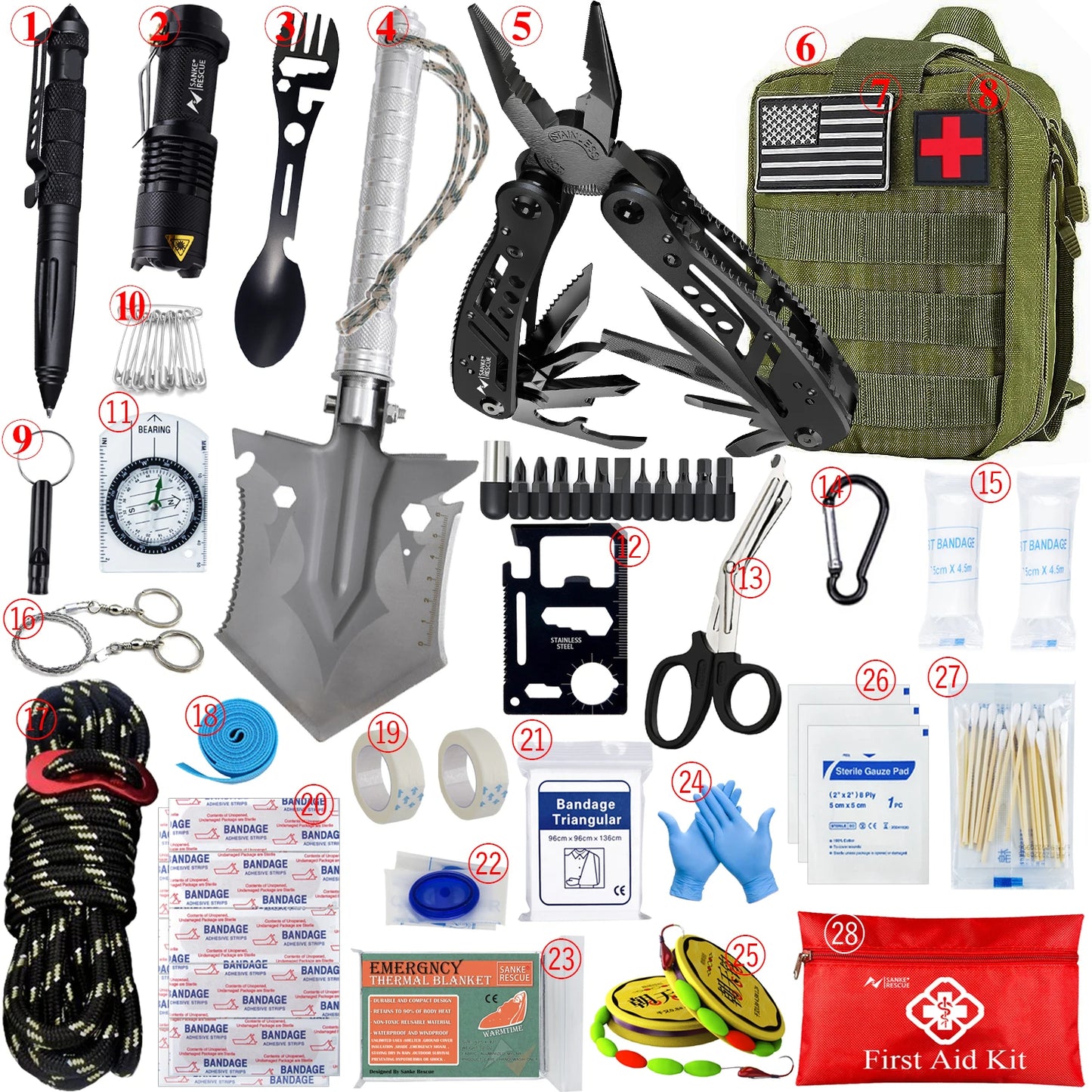 Kit Supervivencia UE 2025 Titán - con Mochila Botiquín y Linterna, Manta Térmica Supervivencia, Cuchillo Supervivencia Militar Profesional más Hacha, Tiritas, Vendas, Silbato y Brújula