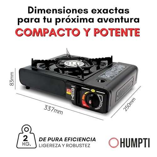 Pack Humpti Dual - Hornillo de Gas Portátil + 4 Cartuchos + Adaptador de Bombona | Cocina Portátil para Camping y Emergencias