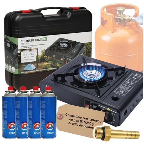 Pack Humpti Dual - Hornillo de Gas Portátil + 4 Cartuchos + Adaptador de Bombona | Cocina Portátil para Camping y Emergencias