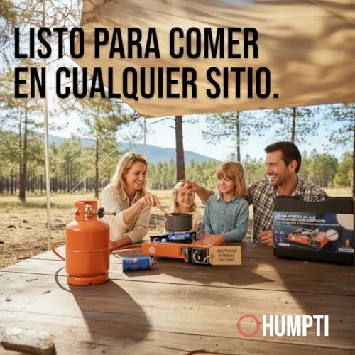 Pack Humpti Dual - Hornillo de Gas Portátil + 4 Cartuchos + Adaptador de Bombona | Cocina Portátil para Camping y Emergencias