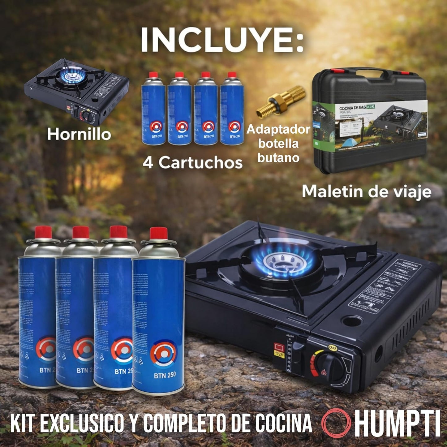 Camping Gas Portatil con Adaptador de Bombona, Pack Hornillo + 4 Cartuchos