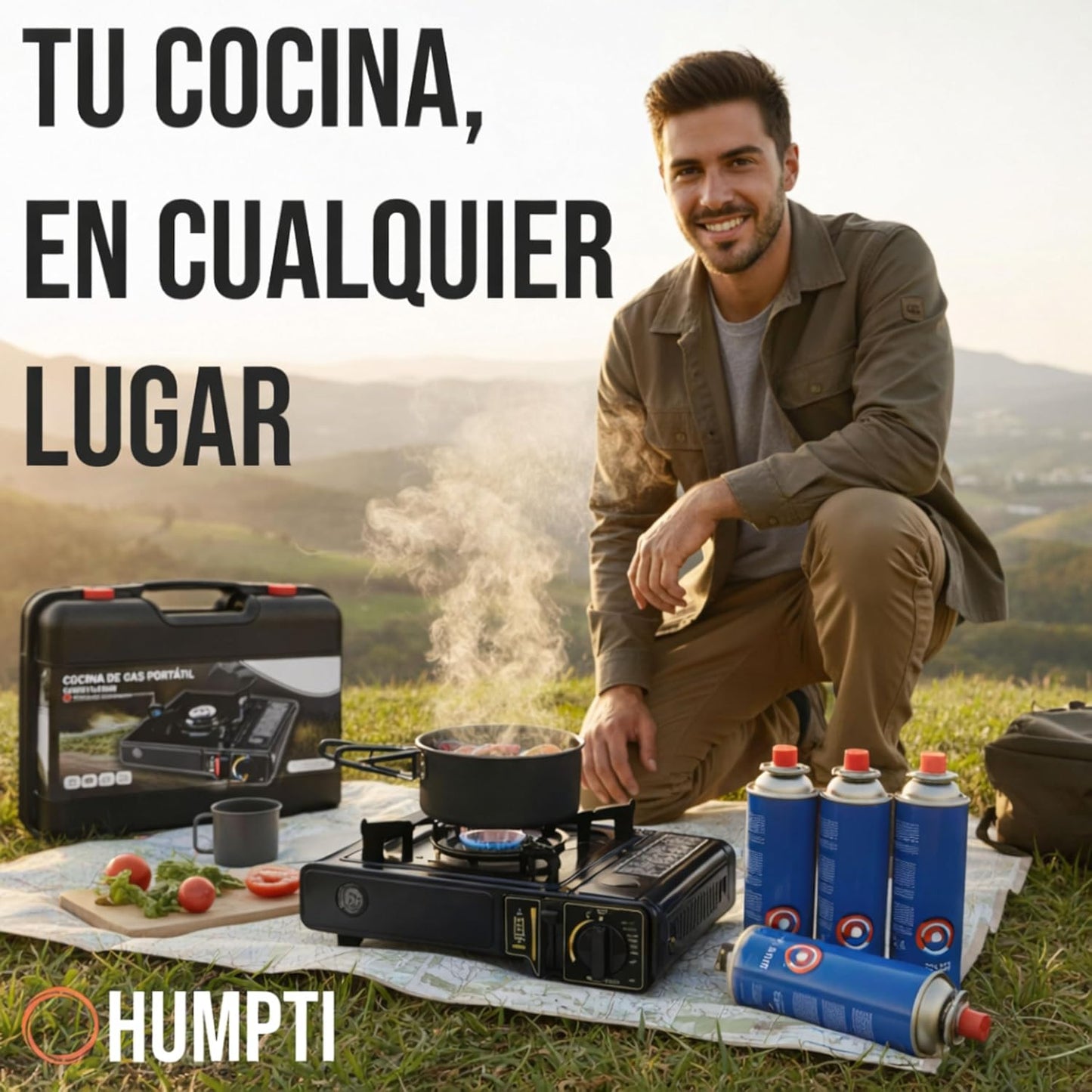 Camping Gas Portatil con Adaptador de Bombona, Pack Hornillo + 4 Cartuchos