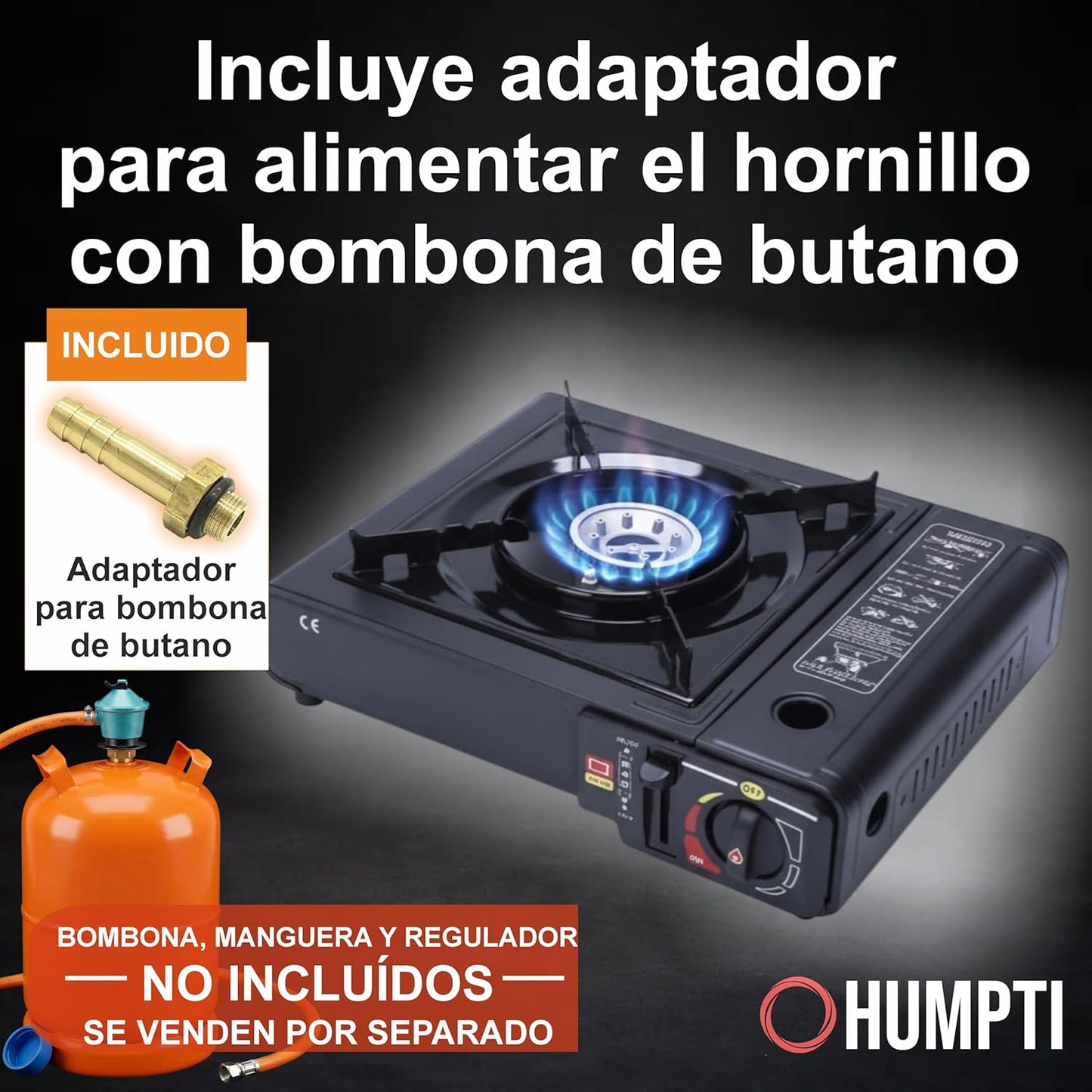 Camping Gas Portatil con Adaptador de Bombona, Pack Hornillo + 4 Cartuchos
