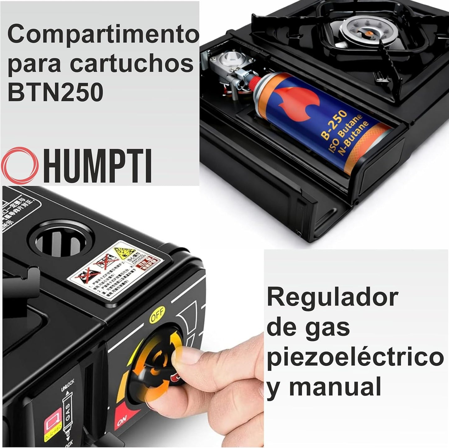 Camping Gas Portatil con Adaptador de Bombona, Pack Hornillo + 4 Cartuchos