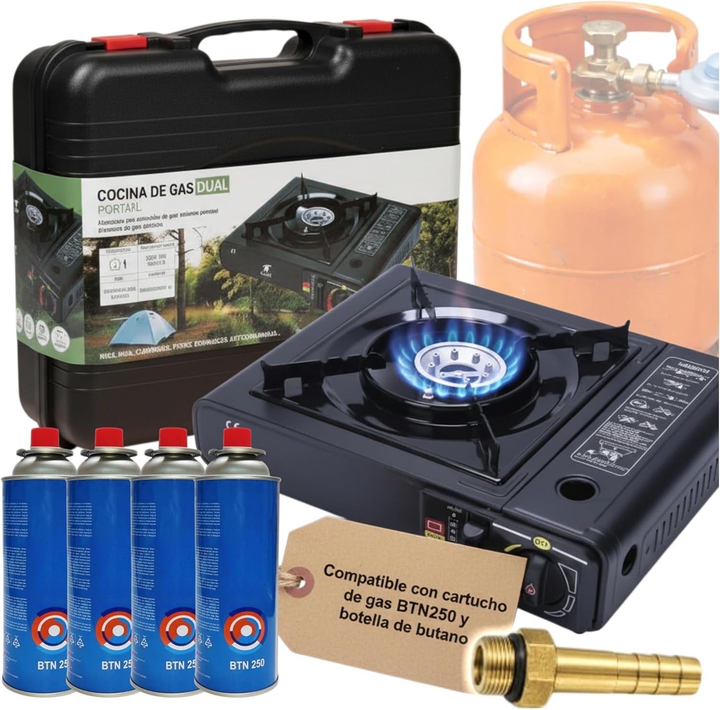 Camping Gas Portatil con Adaptador de Bombona, Pack Hornillo + 4 Cartuchos
