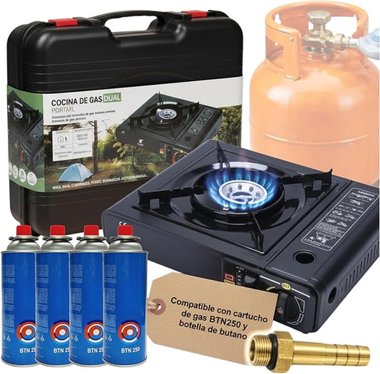 Pack Humpti Dual - Hornillo de Gas Portátil + 4 Cartuchos + Adaptador de Bombona | Cocina Portátil para Camping y Emergencias