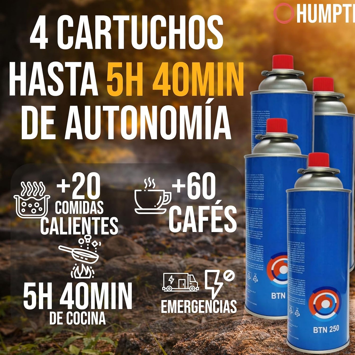 Camping Gas Portatil con Adaptador de Bombona, Pack Hornillo + 4 Cartuchos