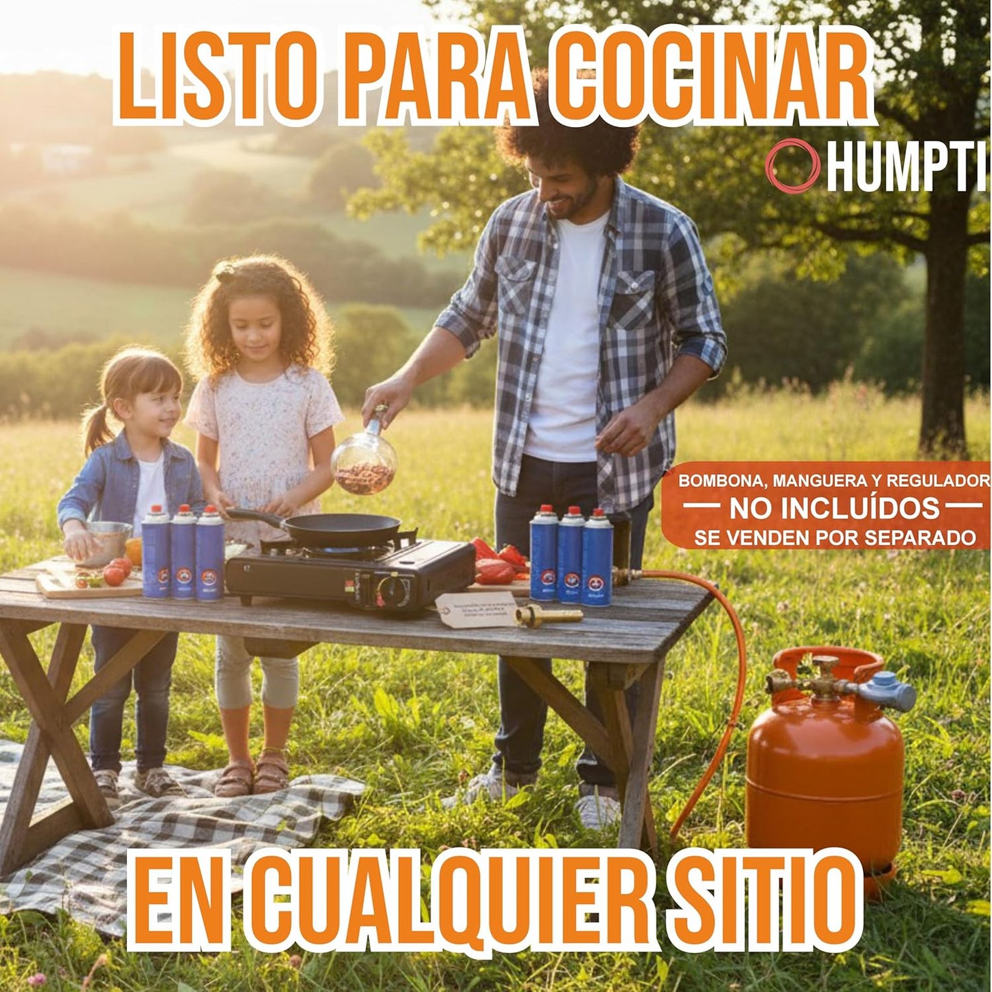 Camping Gas Portatil con Adaptador de Bombona, Pack Hornillo + 4 Cartuchos