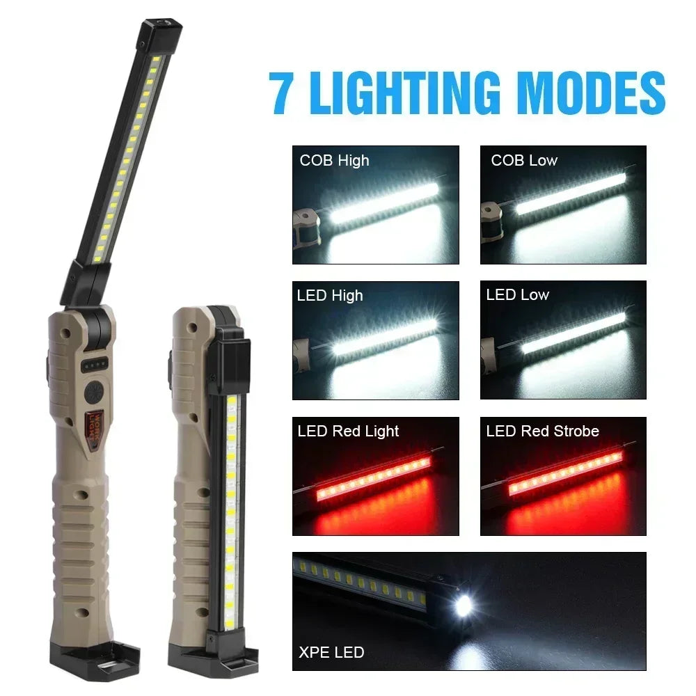 Lámpara de Trabajo Plegable Humpti COB+XPE – USB Recargable con Gancho y Imán (7 Modos)