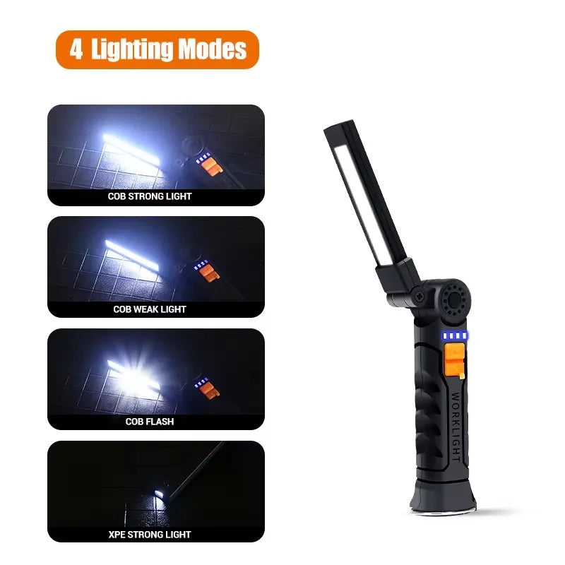 Lámpara de Trabajo Plegable Humpti COB+XPE – USB Recargable con Gancho y Imán (7 Modos)