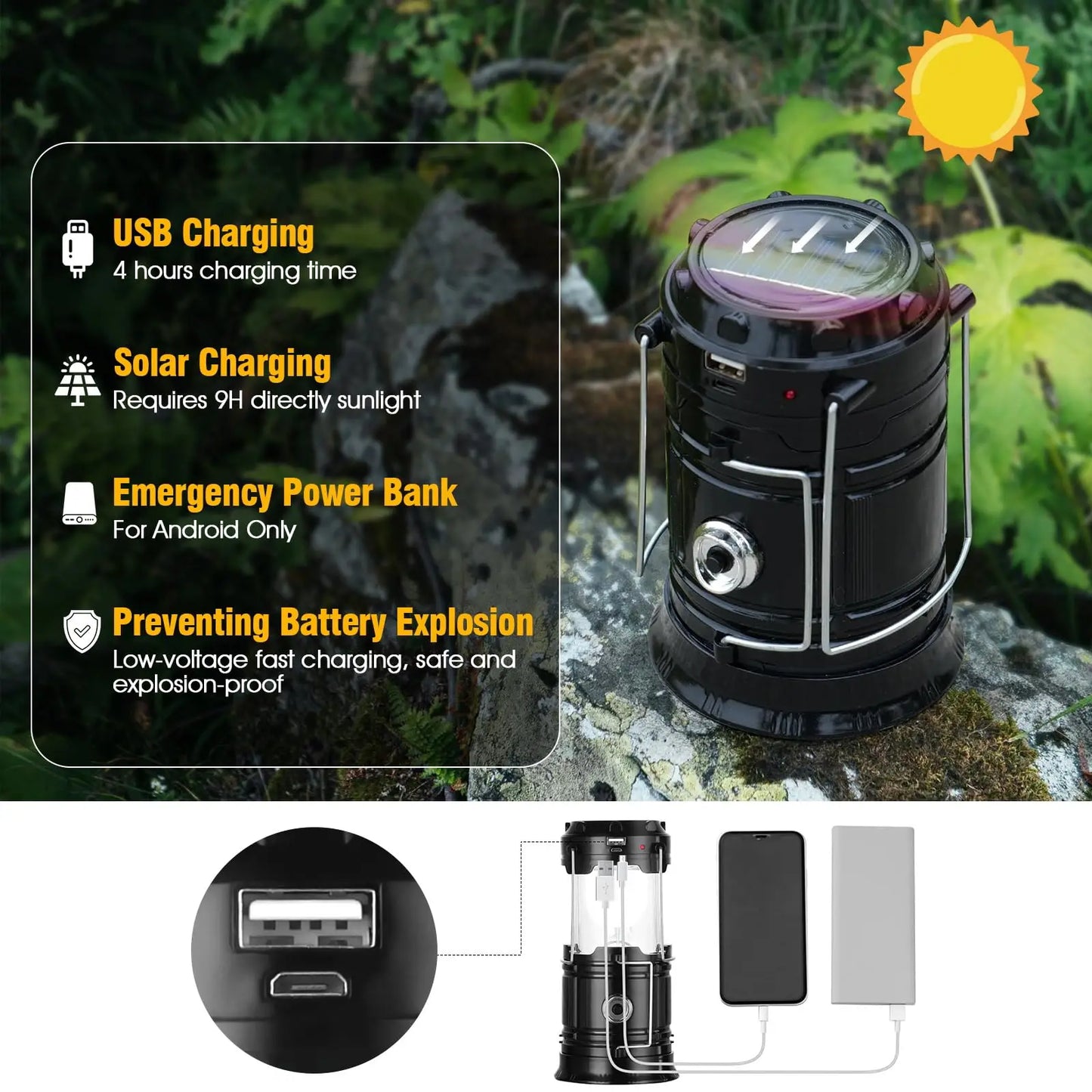 Linterna Solar Plegable Humpti 6 LED – USB, Power Bank y Gancho (IPX4)