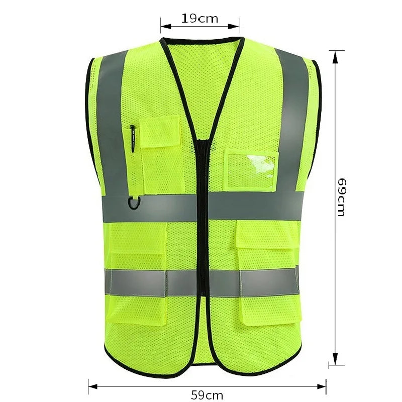 Unisex Summer Safety Vest Security Sleeveless Construction Workwear Zipper With Multi-Pockets For Running Cycling Work